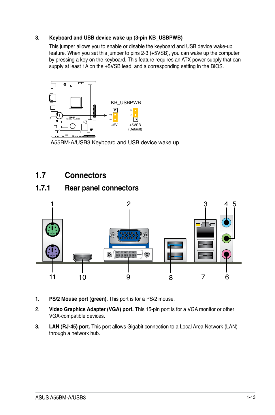 7 connectors, Connectors -13, 1 rear panel connectors | Asus A55BM-A/USB3 User Manual | Page 21 / 49