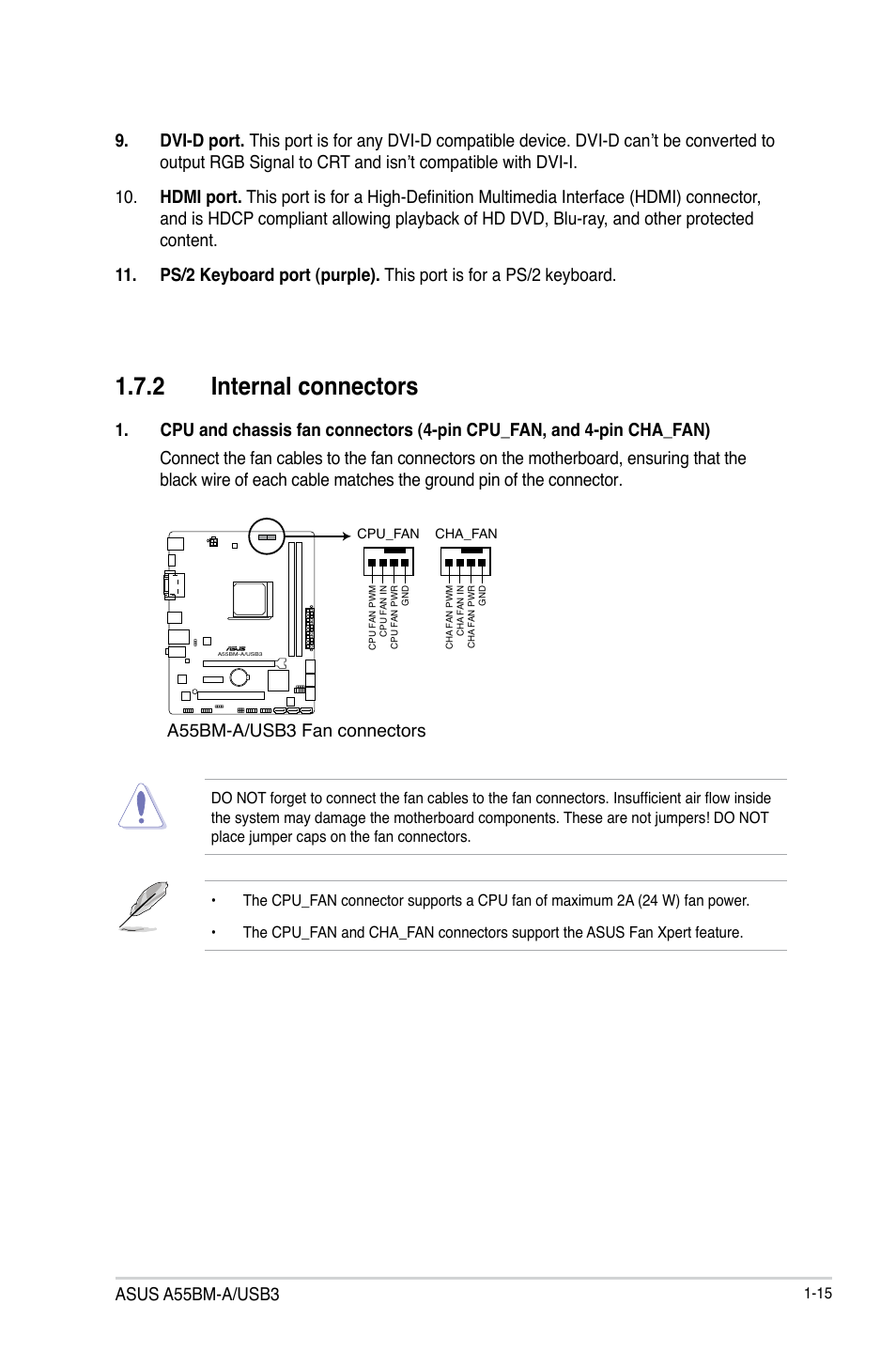 2 internal connectors, Asus a55bm-a/usb3, A55bm-a/usb3 fan connectors | Asus A55BM-A/USB3 User Manual | Page 23 / 49