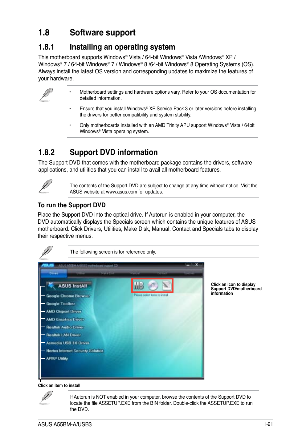 8 software support, Software support -21, 1 installing an operating system | 2 support dvd information | Asus A55BM-A/USB3 User Manual | Page 29 / 49