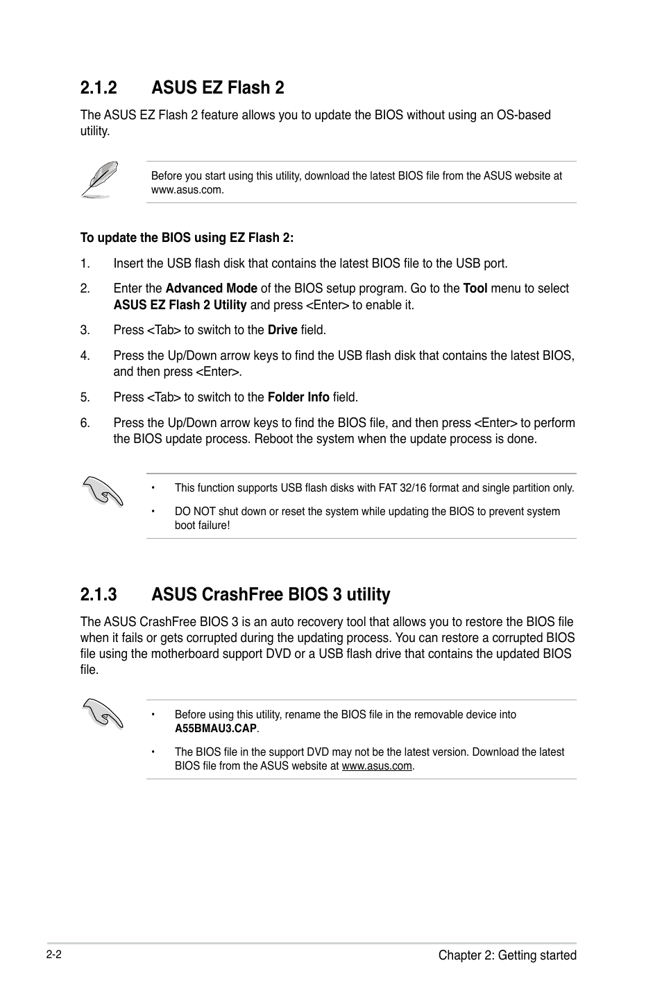 2 asus ez flash 2, 3 asus crashfree bios 3 utility | Asus A55BM-A/USB3 User Manual | Page 32 / 49