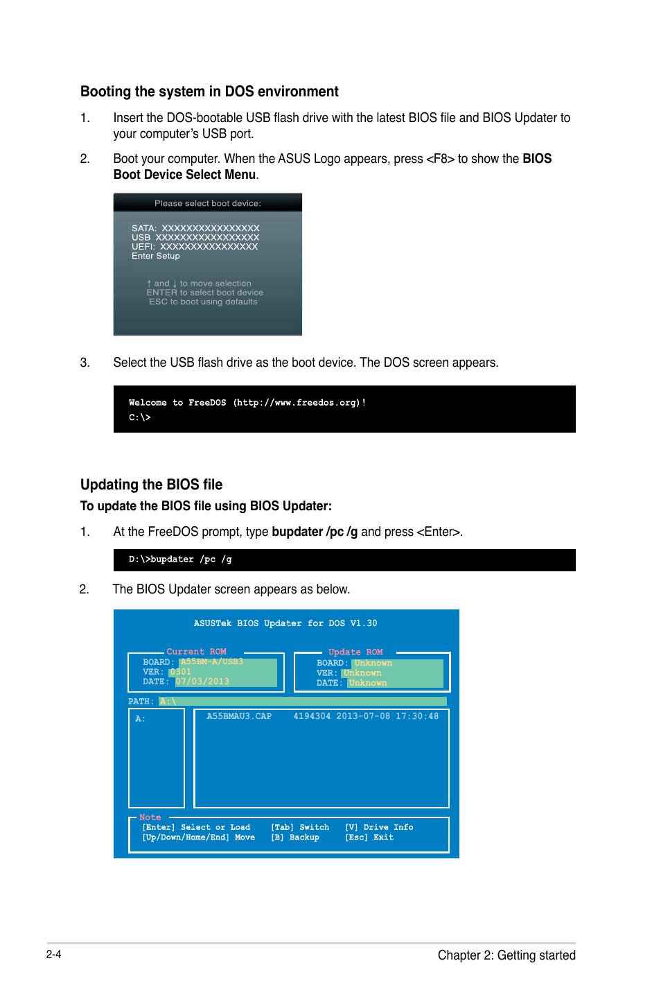 Updating the bios file, Booting the system in dos environment | Asus A55BM-A/USB3 User Manual | Page 34 / 49