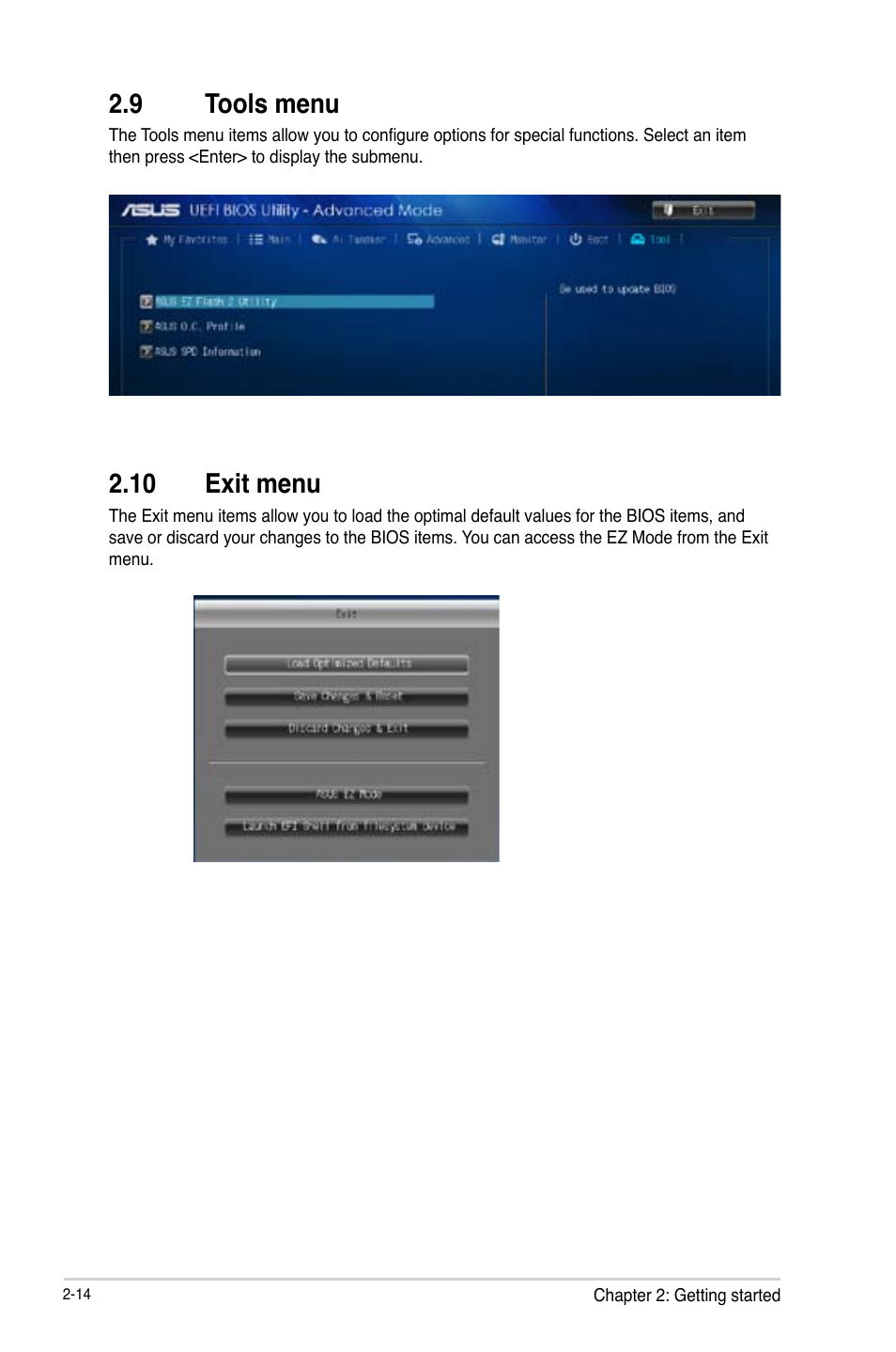 9 tools menu, 10 exit menu, Tools menu -14 | 10 exit menu -14 | Asus A55BM-A/USB3 User Manual | Page 44 / 49