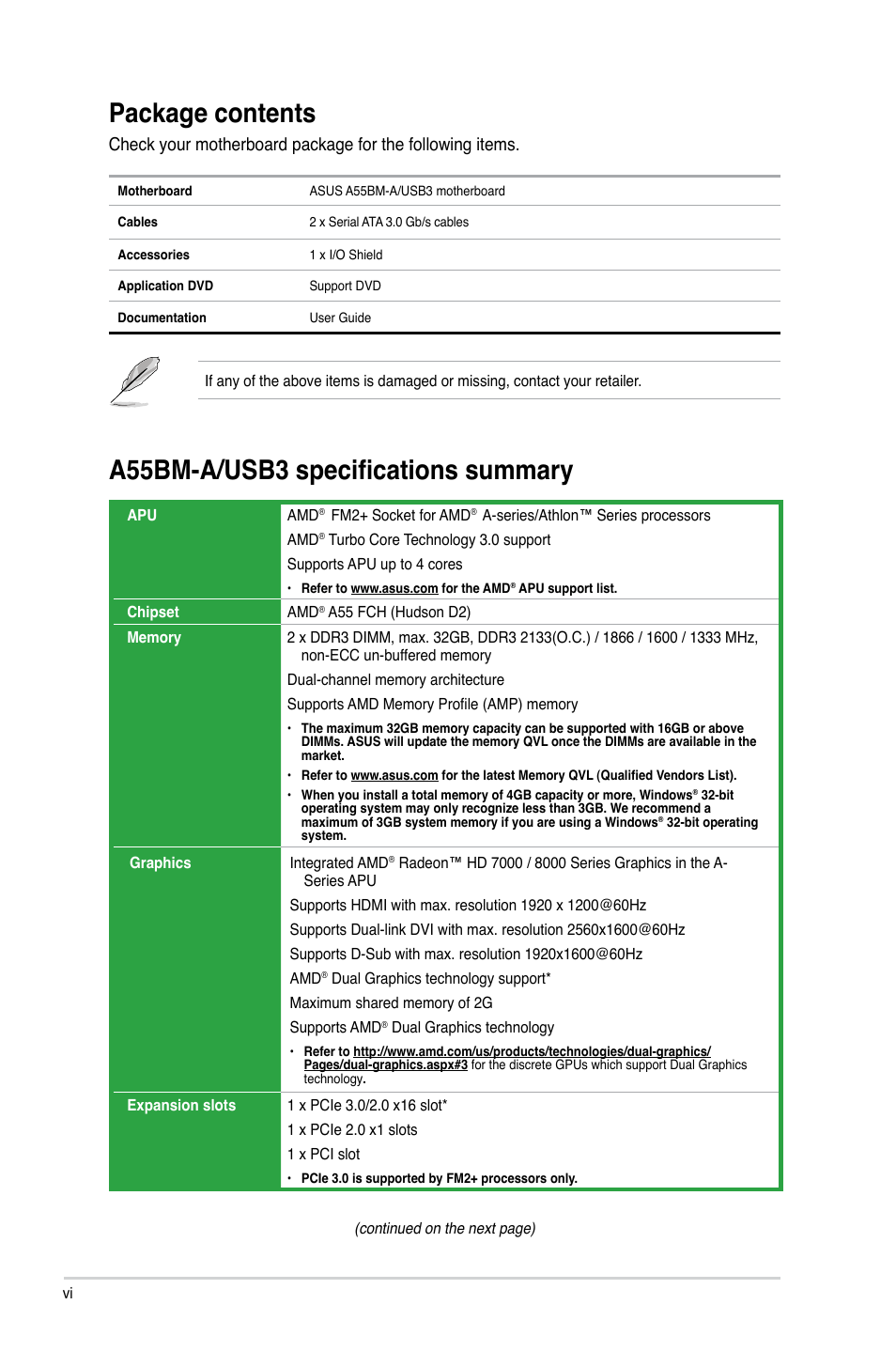 Package contents, A55bm-a/usb3 specifications summary | Asus A55BM-A/USB3 User Manual | Page 6 / 49