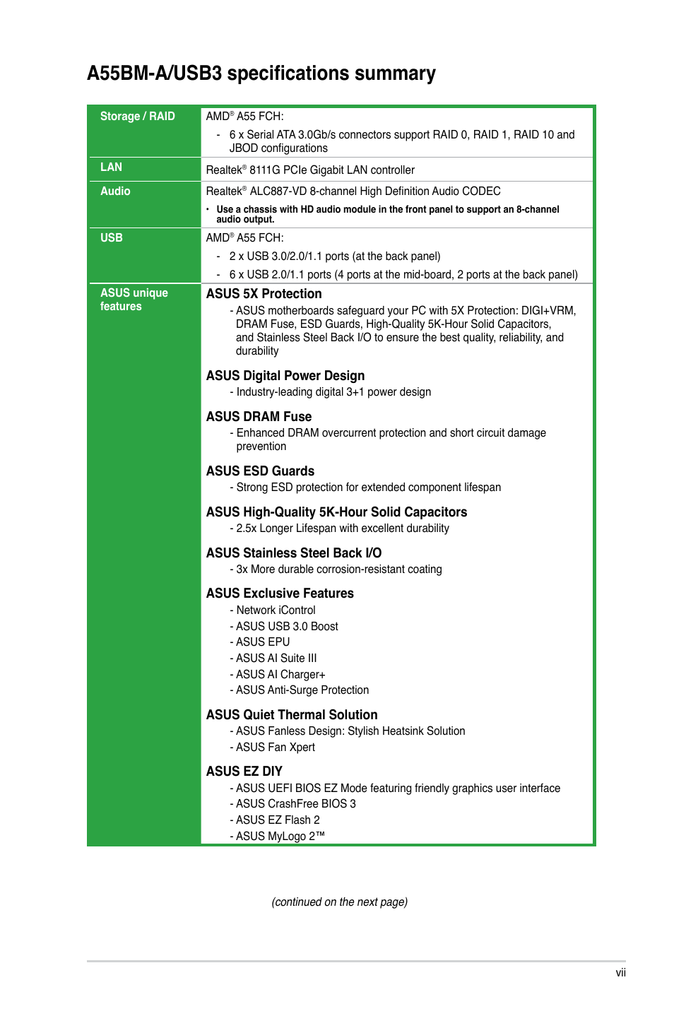 A55bm-a/usb3 specifications summary | Asus A55BM-A/USB3 User Manual | Page 7 / 49