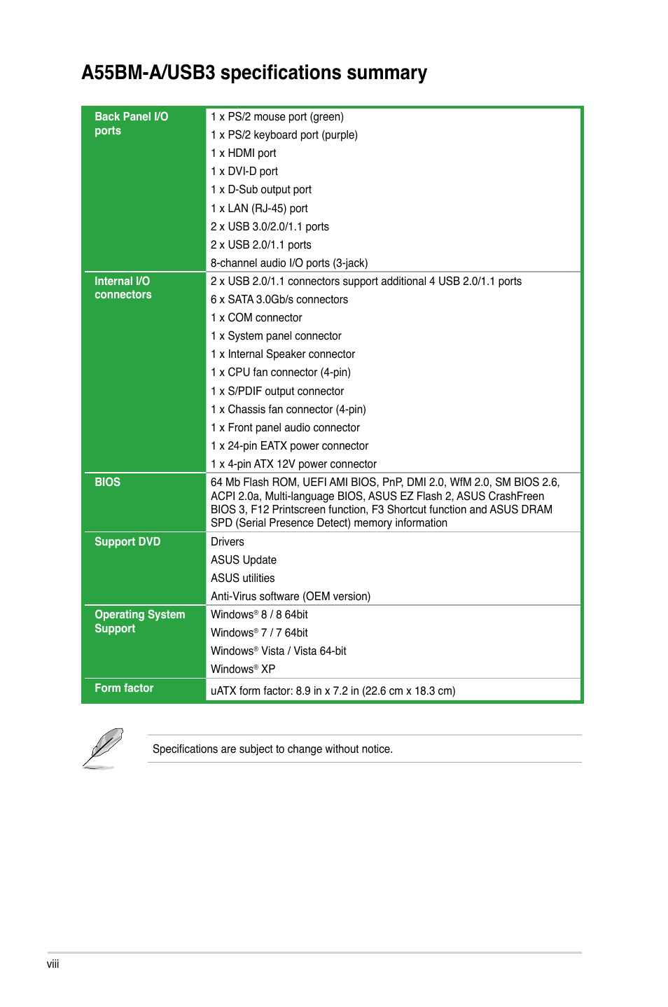 A55bm-a/usb3 specifications summary | Asus A55BM-A/USB3 User Manual | Page 8 / 49
