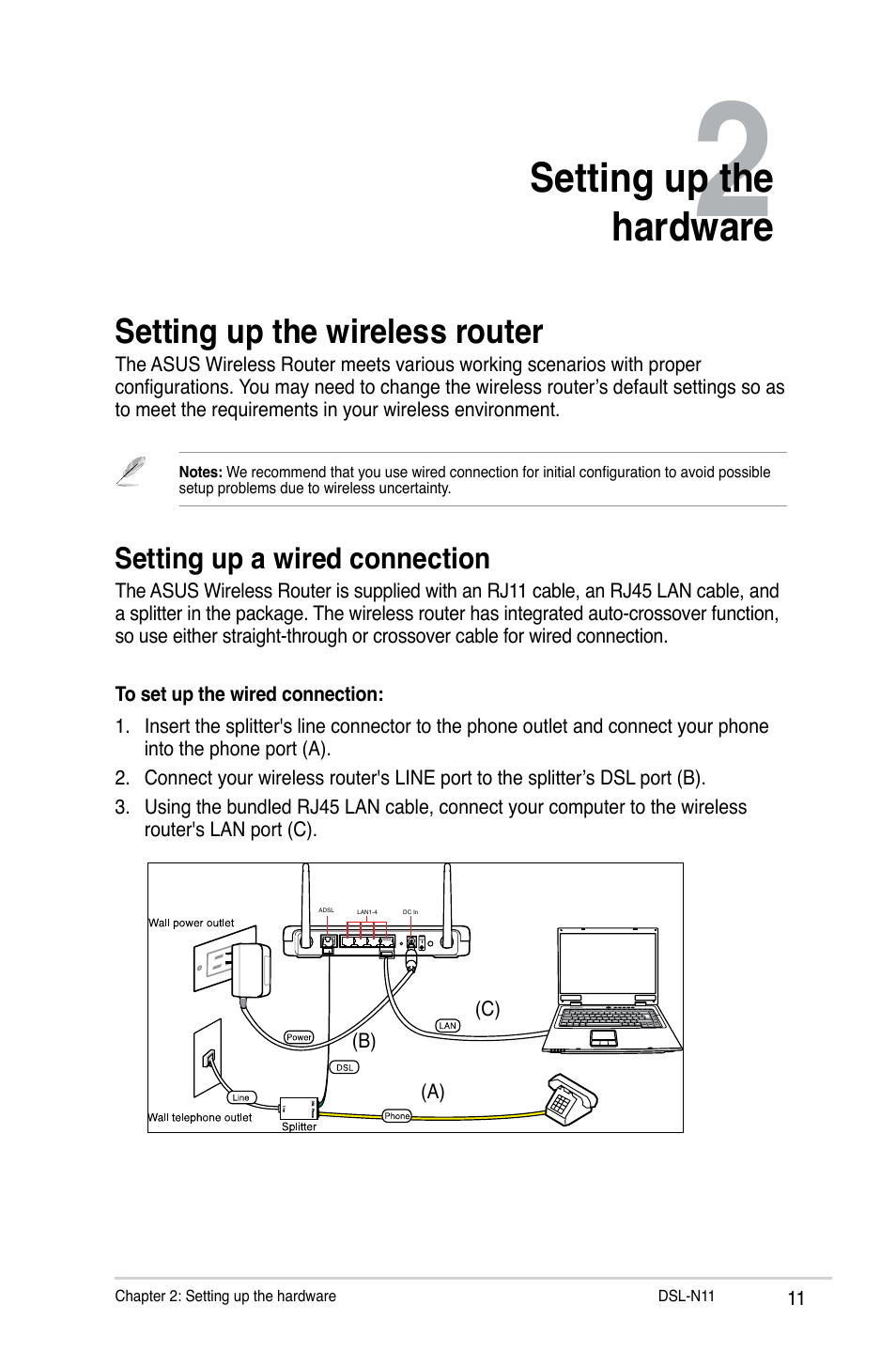 Setting up the hardware, Setting up the wireless router, Setting up a wired connection | Chapter 2: setting up the hardware | Asus DSL-N11 User Manual | Page 11 / 44