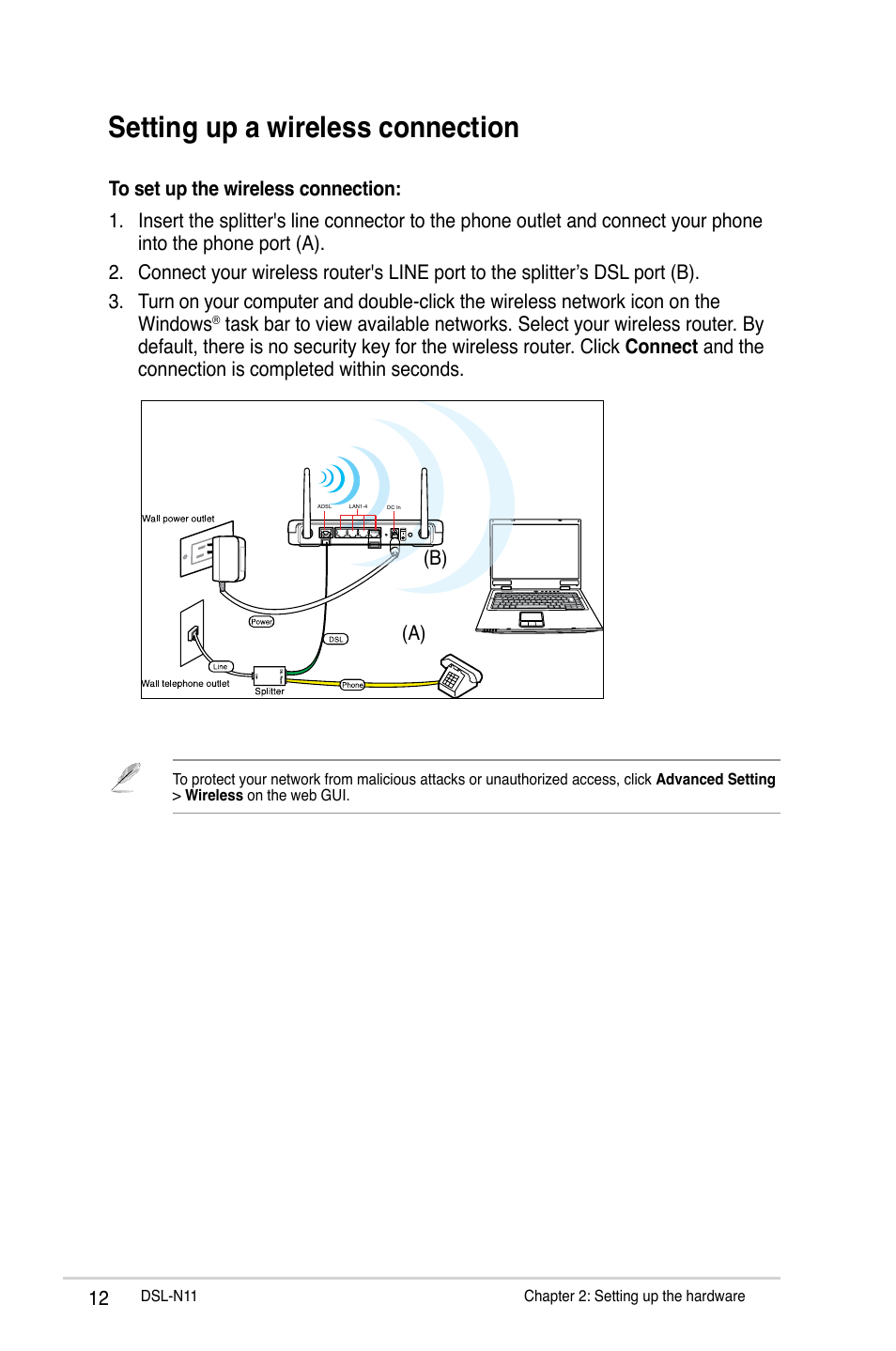 Setting up a wireless connection, A) (b) | Asus DSL-N11 User Manual | Page 12 / 44