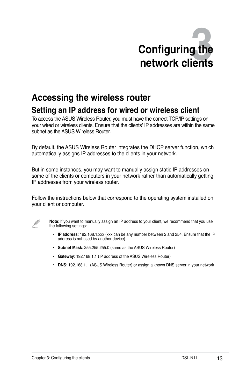 Configuring the network clients, Accessing the wireless router, Setting an ip address for wired or wireless client | Asus DSL-N11 User Manual | Page 13 / 44