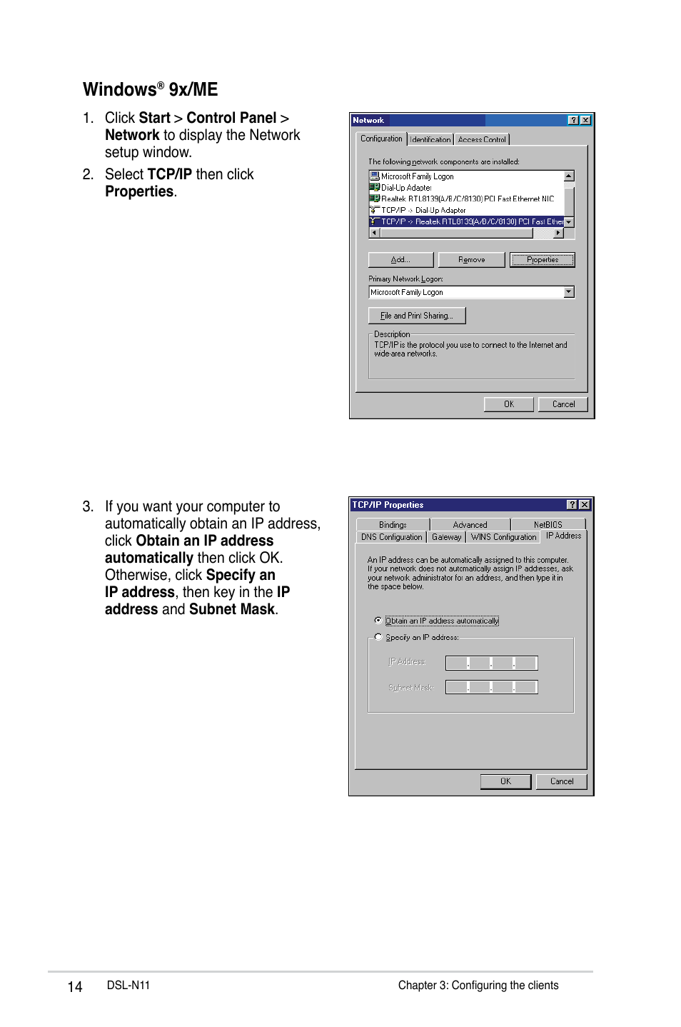 Windows, 9x/me | Asus DSL-N11 User Manual | Page 14 / 44