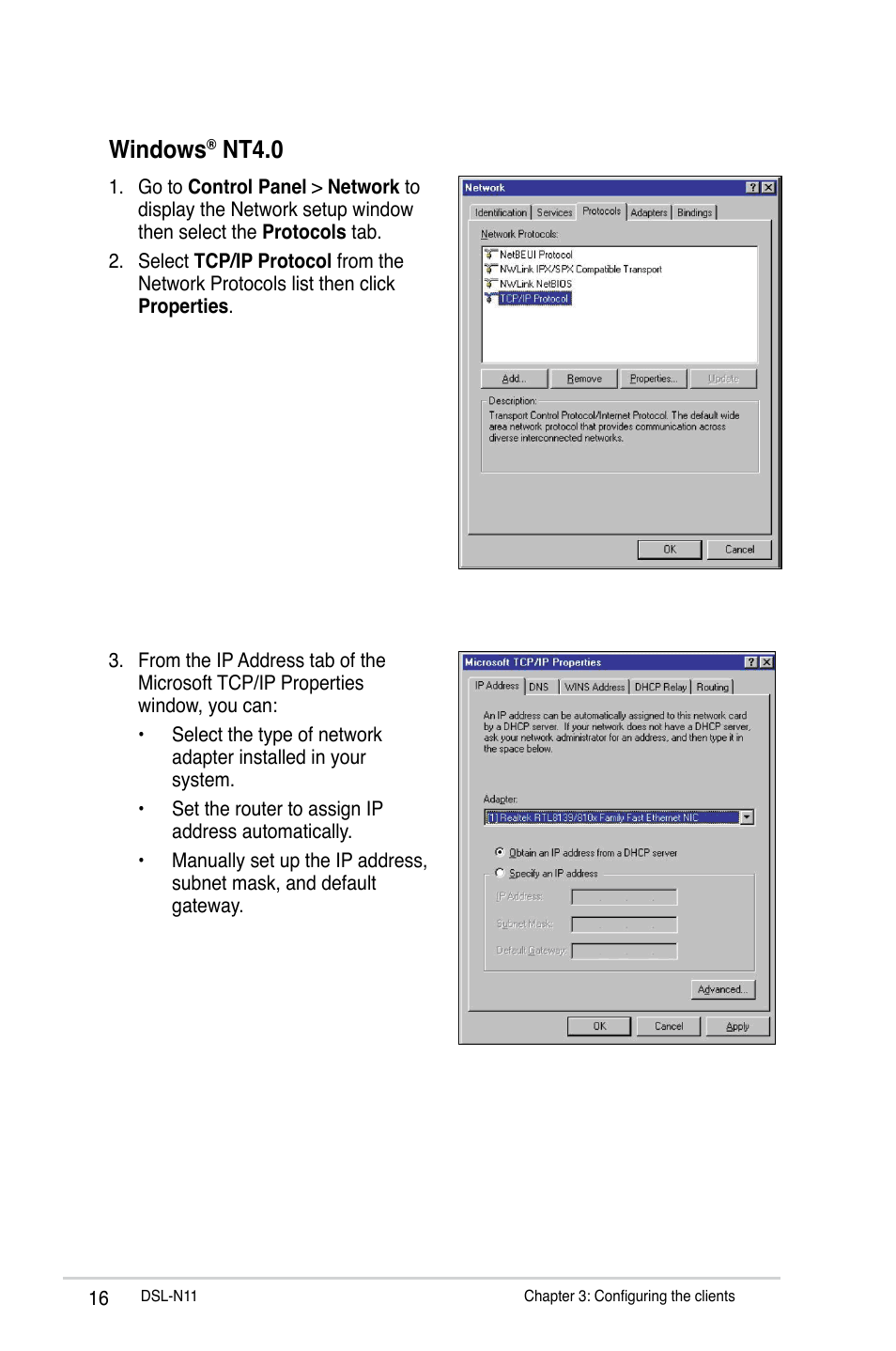 Windows, Nt4.0 | Asus DSL-N11 User Manual | Page 16 / 44