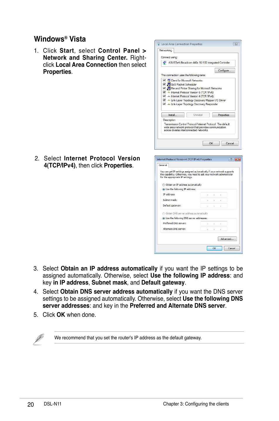 Windows, Vista | Asus DSL-N11 User Manual | Page 20 / 44