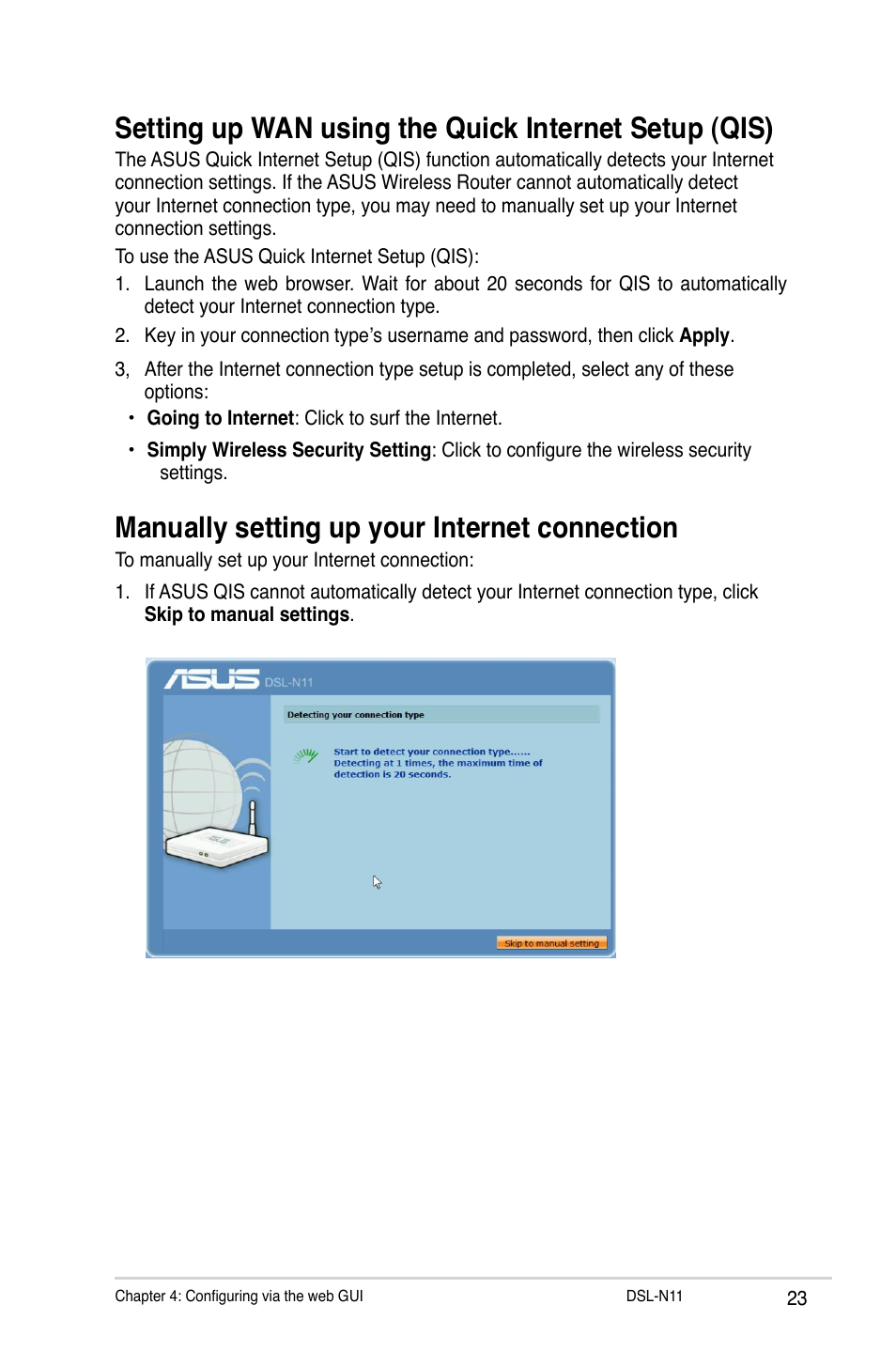 Manually setting up your internet connection | Asus DSL-N11 User Manual | Page 23 / 44