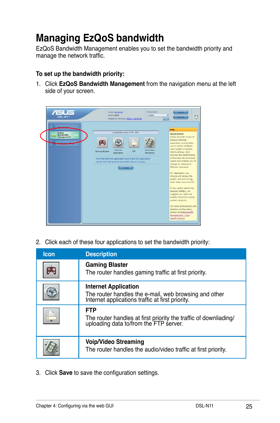 Managing ezqos bandwidth | Asus DSL-N11 User Manual | Page 25 / 44