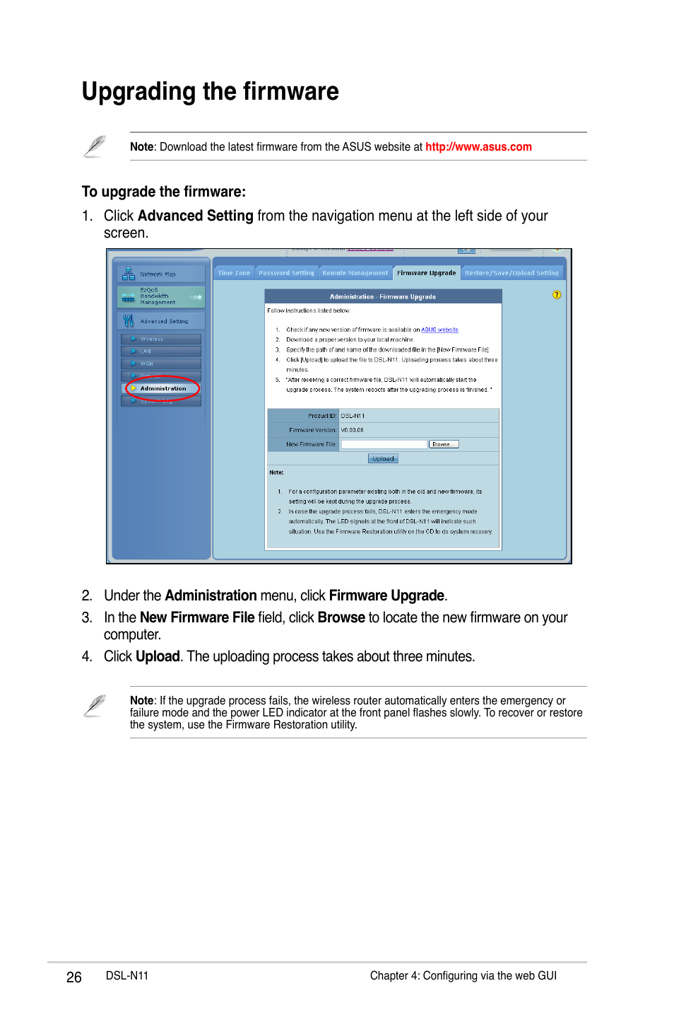Upgrading the firmware | Asus DSL-N11 User Manual | Page 26 / 44