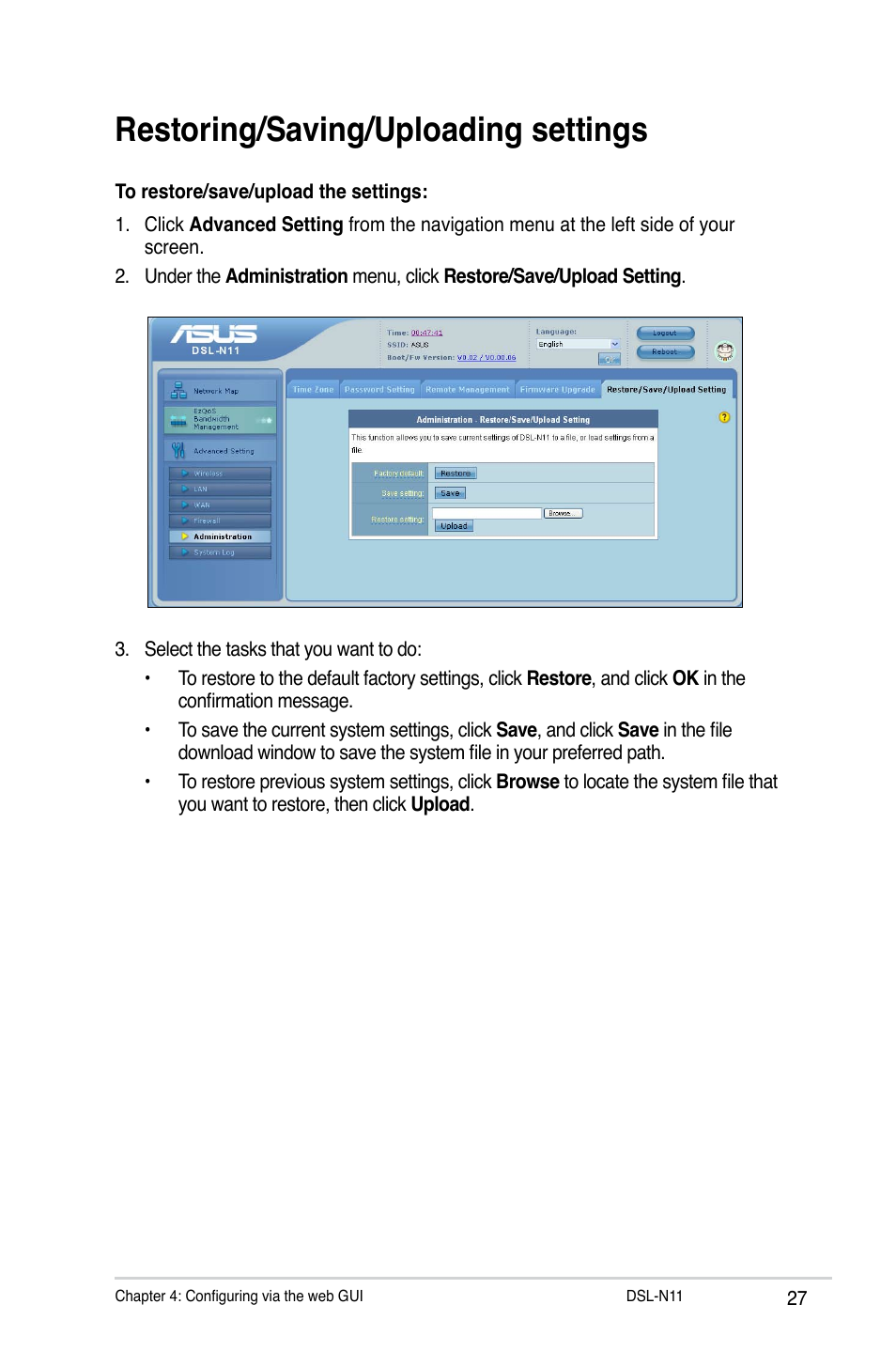 Restoring/saving/uploading settings | Asus DSL-N11 User Manual | Page 27 / 44