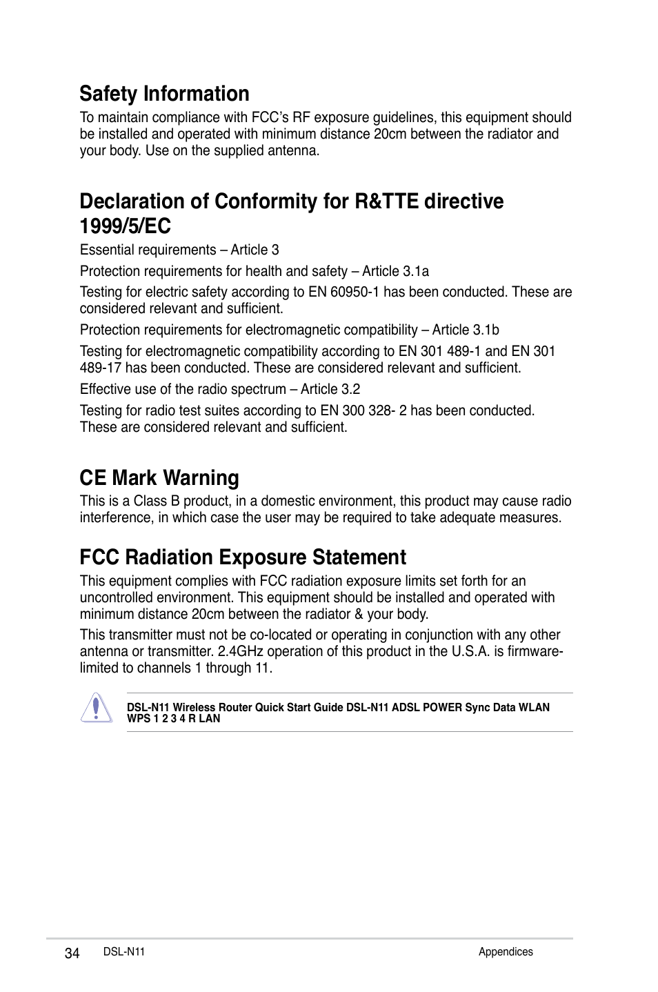 Safety information, Ce mark warning, Fcc radiation exposure statement | Asus DSL-N11 User Manual | Page 34 / 44