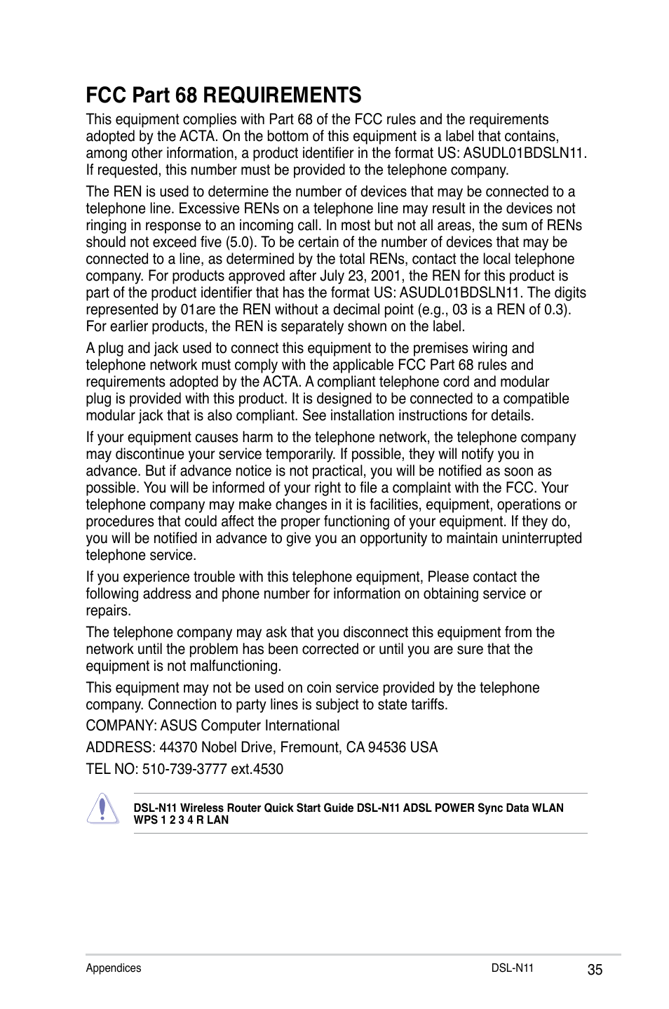 Fcc part 68 requirements | Asus DSL-N11 User Manual | Page 35 / 44