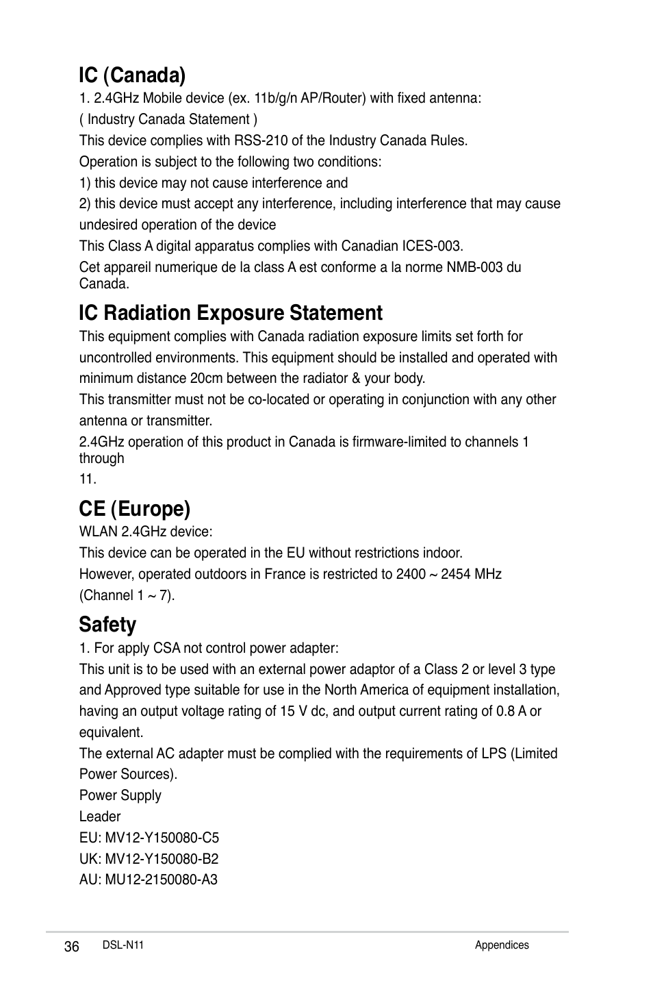 Ic (canada), Ic radiation exposure statement, Ce (europe) | Safety | Asus DSL-N11 User Manual | Page 36 / 44