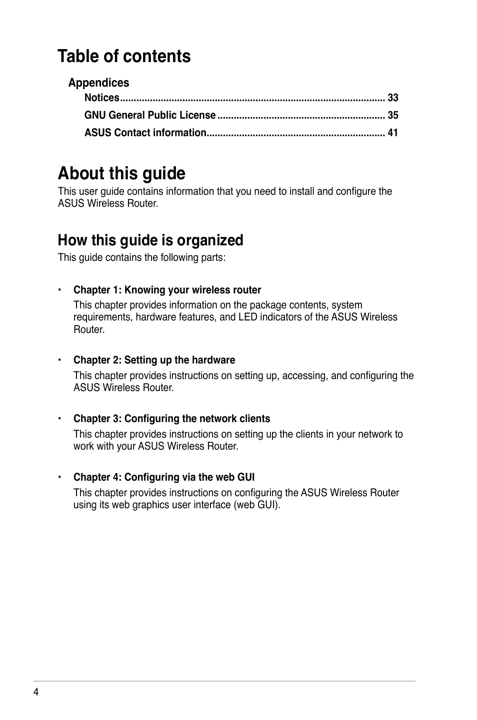 About this guide, How this guide is organized, Table of contents about this guide | Asus DSL-N11 User Manual | Page 4 / 44