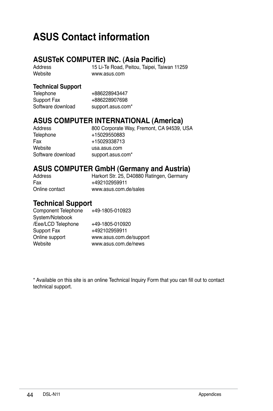 Asus contact information, Asustek computer inc. (asia pacific), Asus computer international (america) | Asus computer gmbh (germany and austria), Technical support | Asus DSL-N11 User Manual | Page 44 / 44