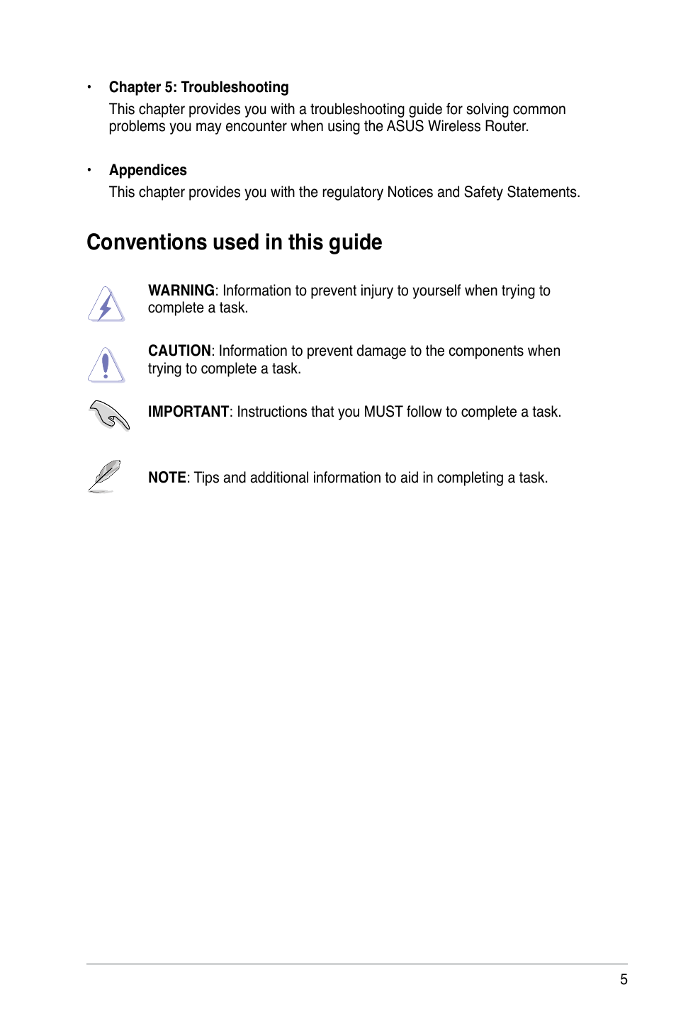 Conventions used in this guide | Asus DSL-N11 User Manual | Page 5 / 44