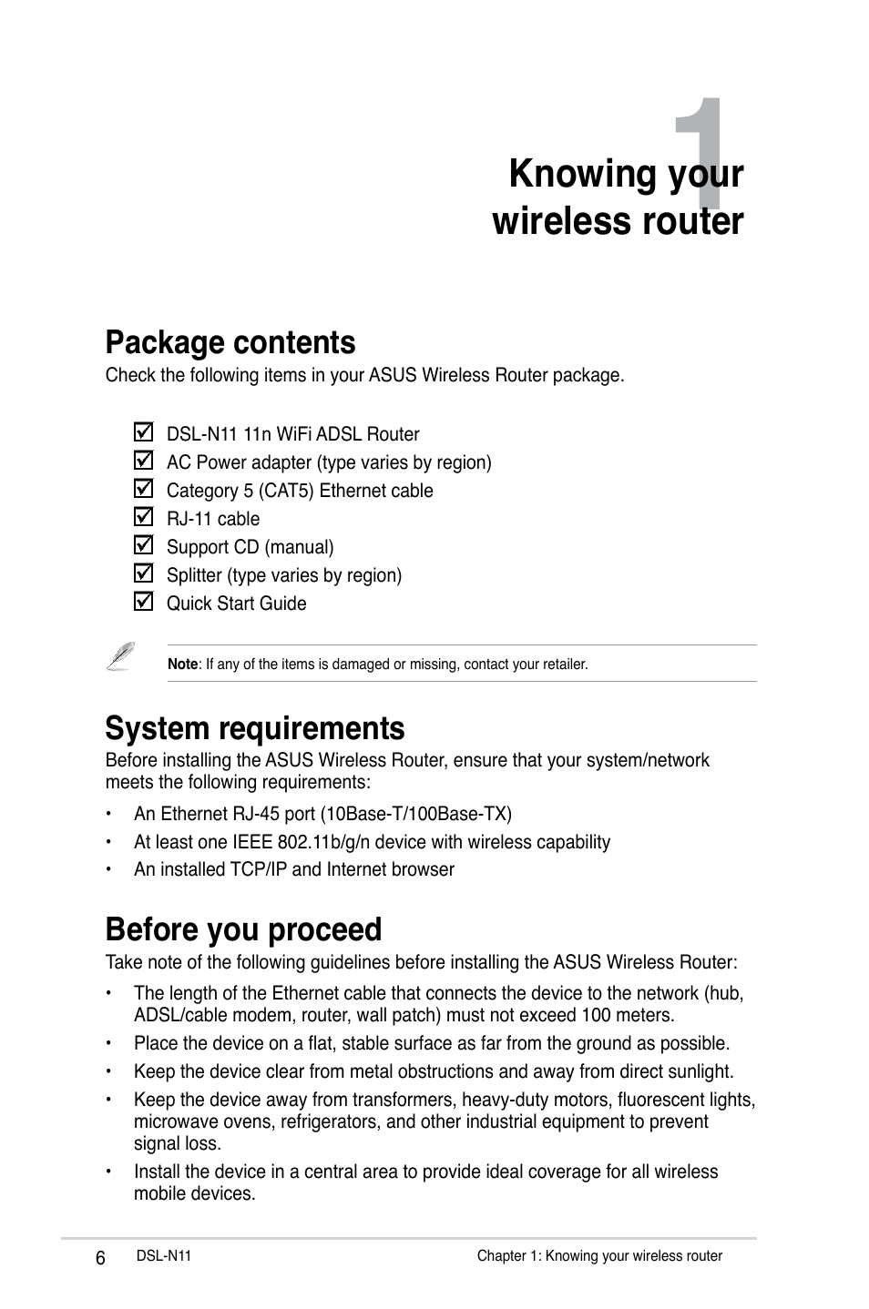 Knowing your wireless router, Package contents, System requirements | Before you proceed, Chapter 1: knowing your wireless router | Asus DSL-N11 User Manual | Page 6 / 44