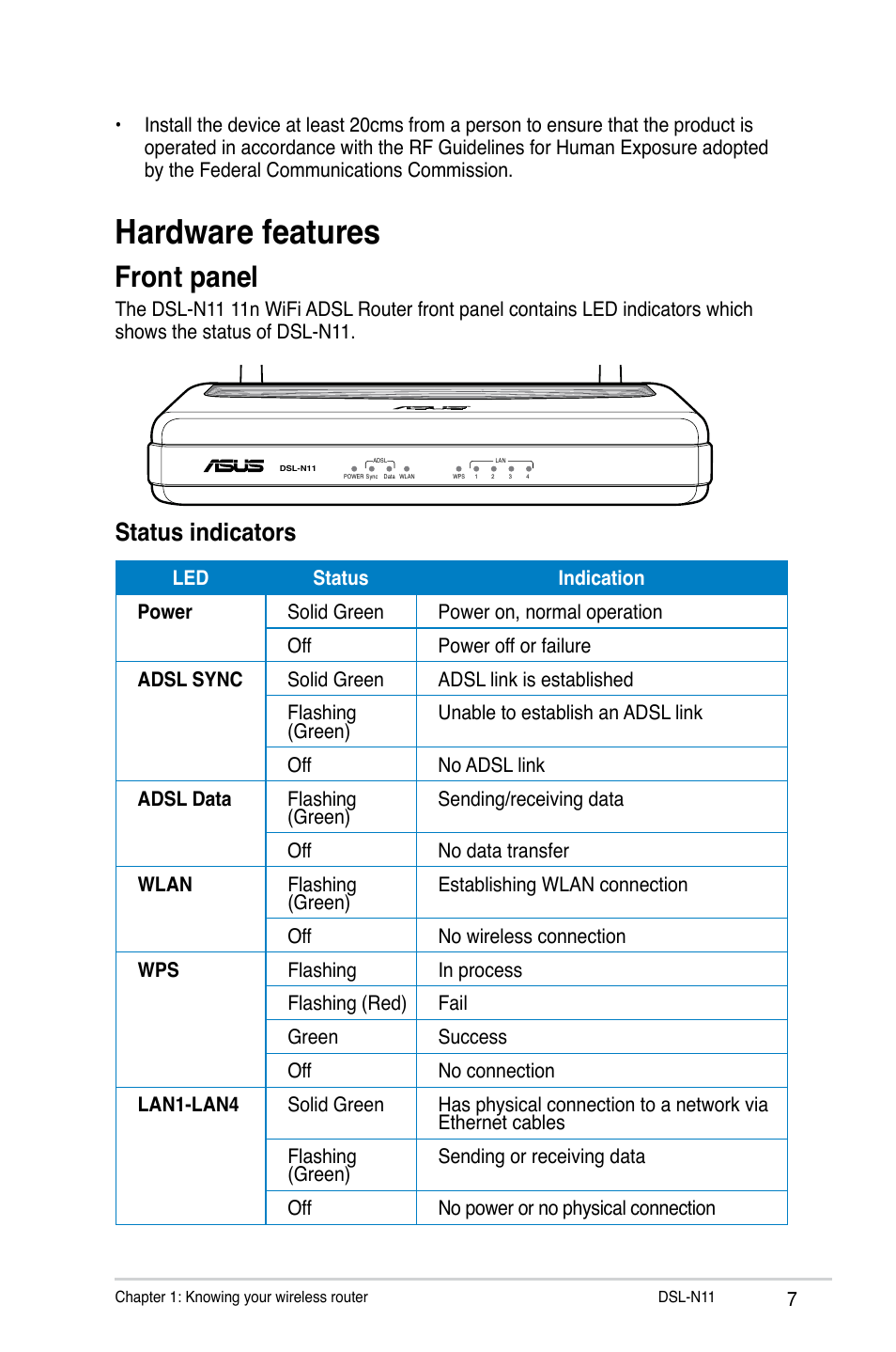 Hardware features, Front panel, Status indicators | Asus DSL-N11 User Manual | Page 7 / 44