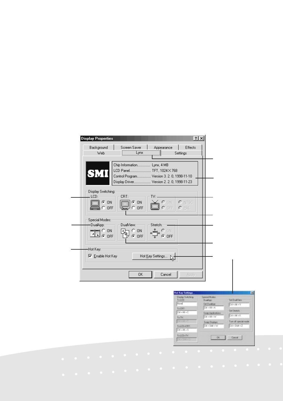 Control panel (cont’), Lynx display properties | Asus L7 User Manual | Page 18 / 44