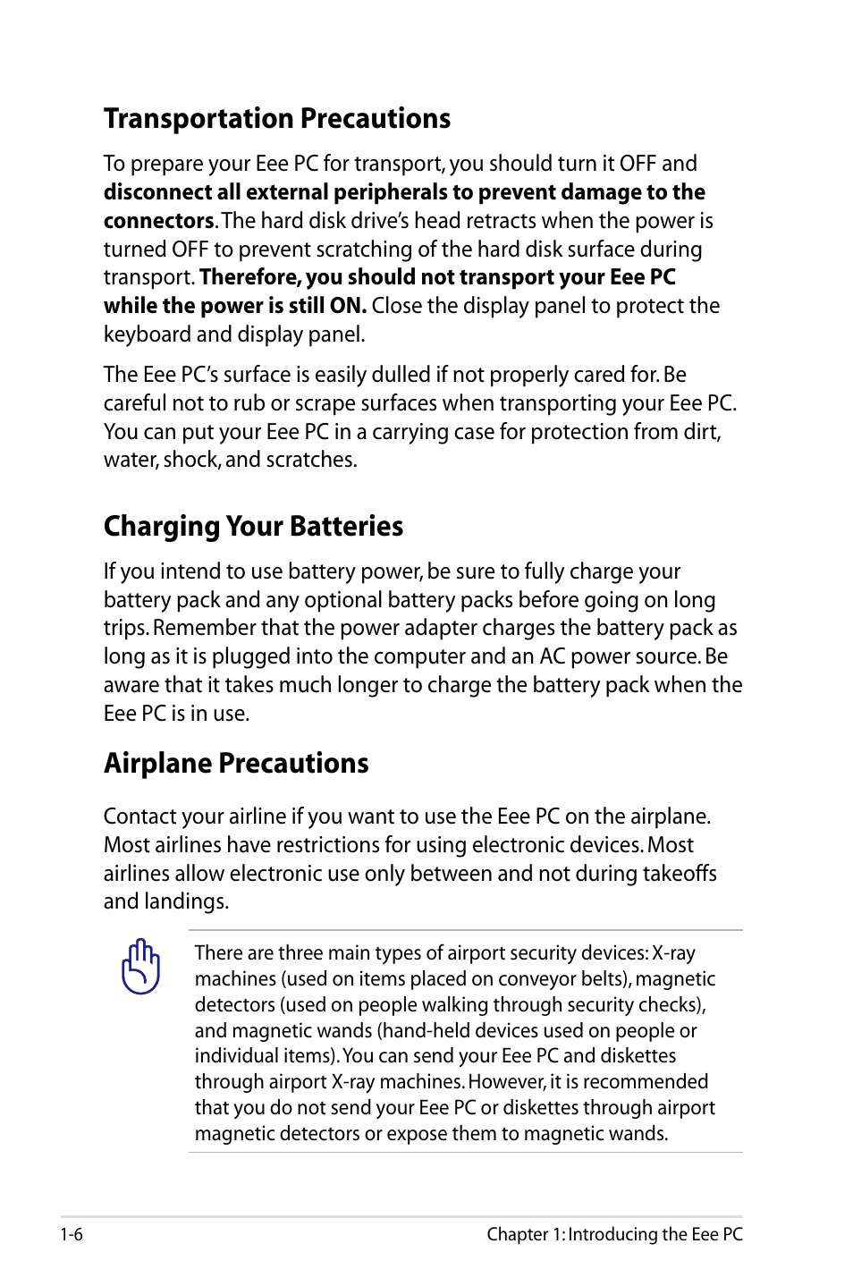 Transportation precautions, Charging your batteries, Airplane precautions | Asus Eee PC 900HD/Linux User Manual | Page 10 / 132