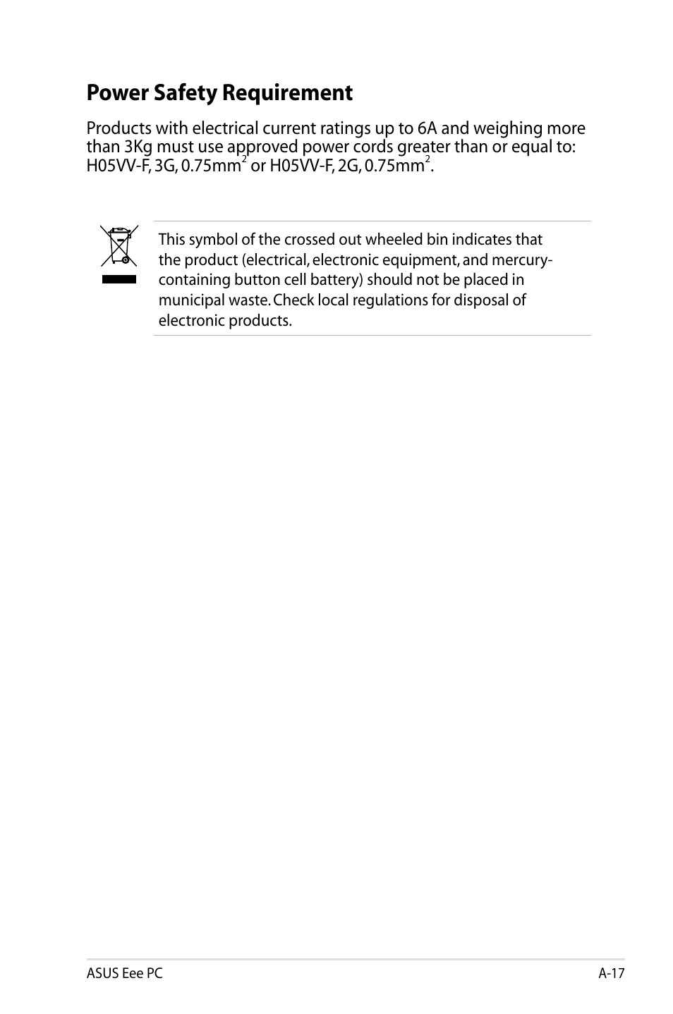 Power safety requirement | Asus Eee PC 900HD/Linux User Manual | Page 117 / 132