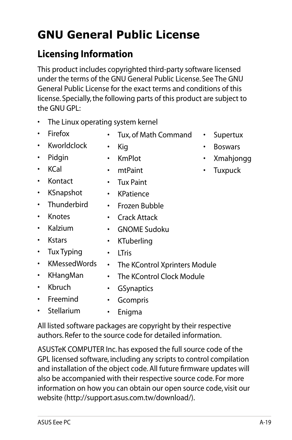 Gnu general public license, Licensing information | Asus Eee PC 900HD/Linux User Manual | Page 119 / 132