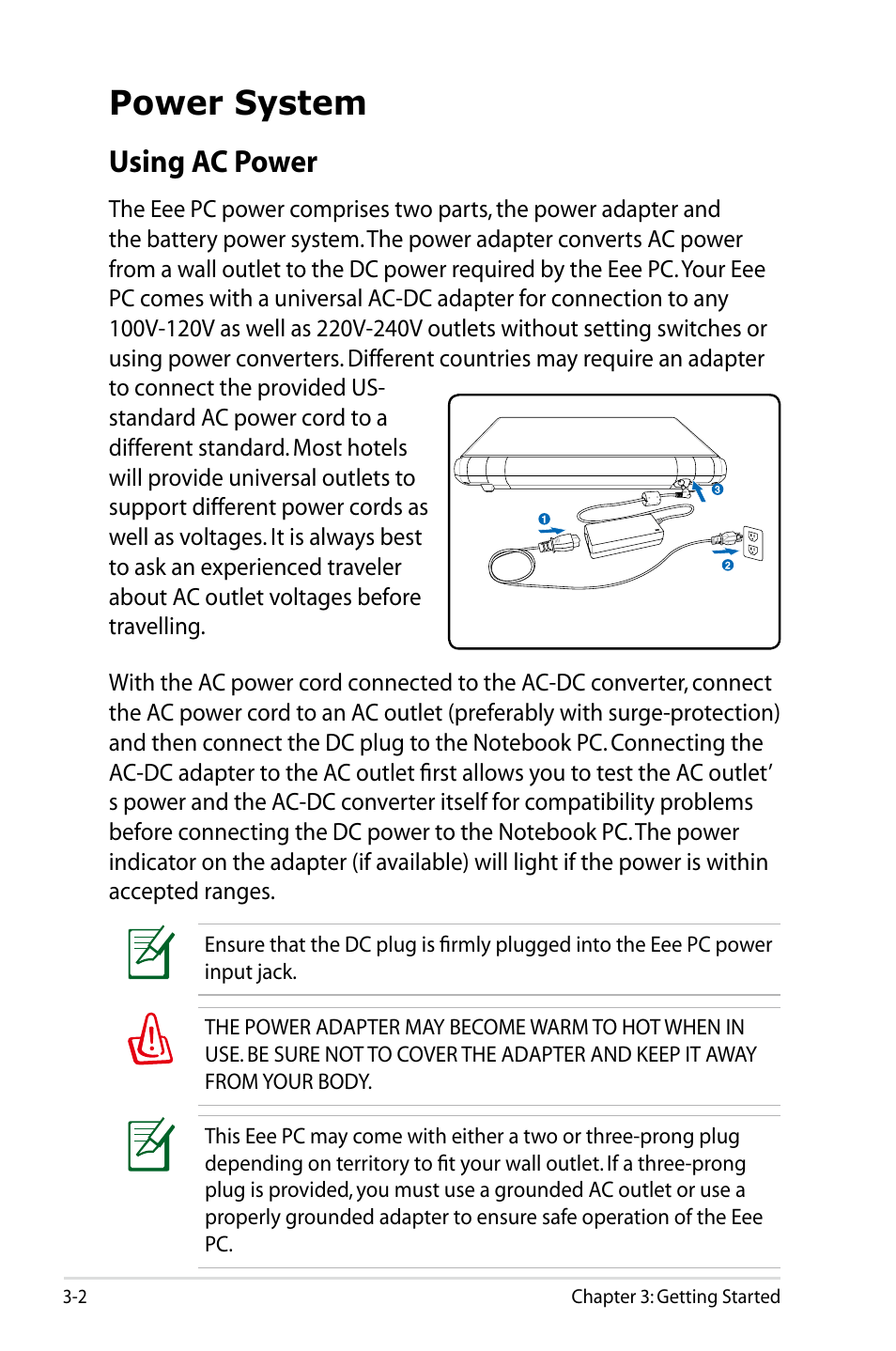 Power system, Using ac power | Asus Eee PC 900HD/Linux User Manual | Page 24 / 132