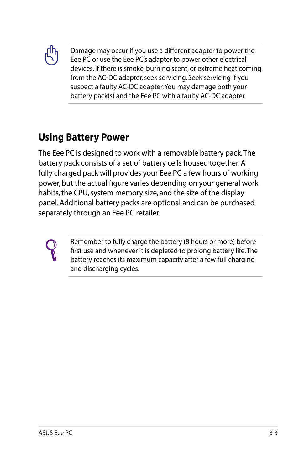 Using battery power | Asus Eee PC 900HD/Linux User Manual | Page 25 / 132