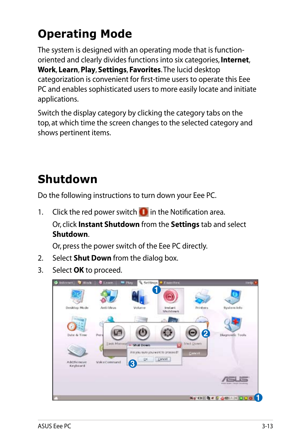 Operating mode, Shutdown | Asus Eee PC 900HD/Linux User Manual | Page 35 / 132