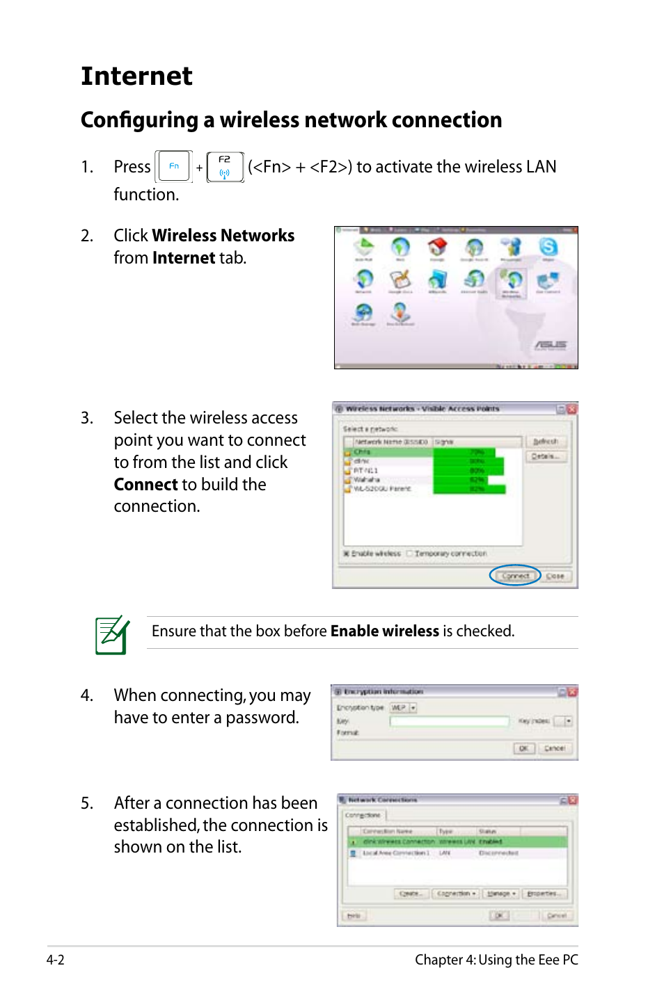 Internet, Configuring a wireless network connection | Asus Eee PC 900HD/Linux User Manual | Page 38 / 132