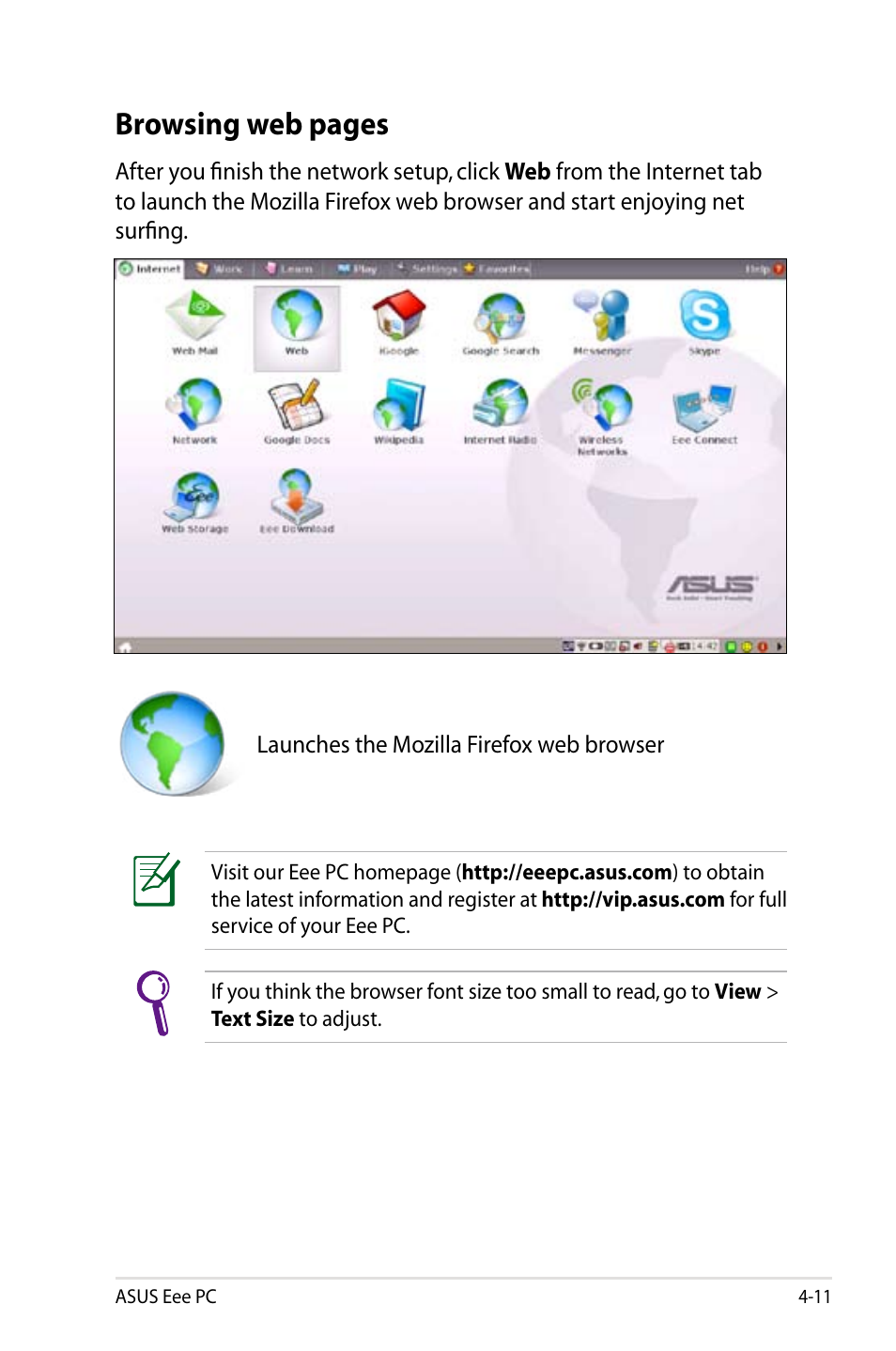 Browsing web pages | Asus Eee PC 900HD/Linux User Manual | Page 47 / 132