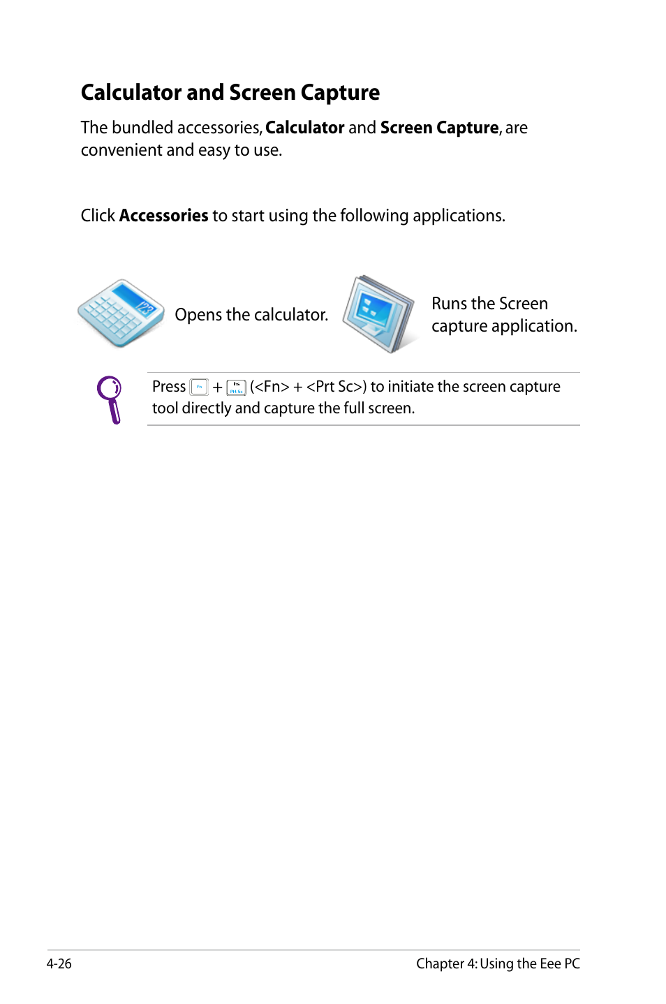 Calculator and screen capture | Asus Eee PC 900HD/Linux User Manual | Page 62 / 132