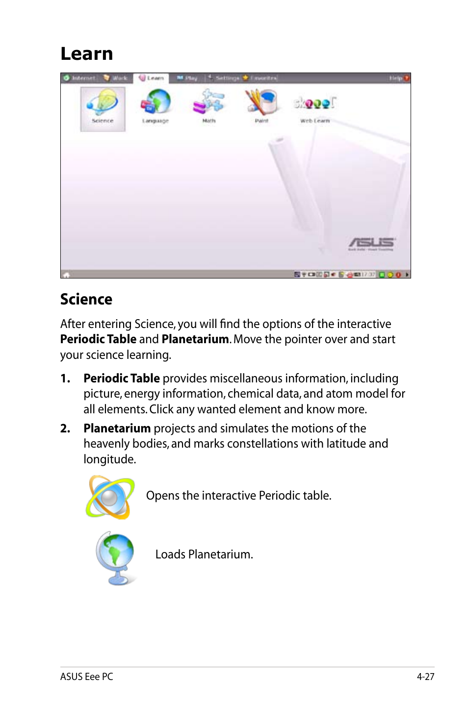 Learn, Science | Asus Eee PC 900HD/Linux User Manual | Page 63 / 132