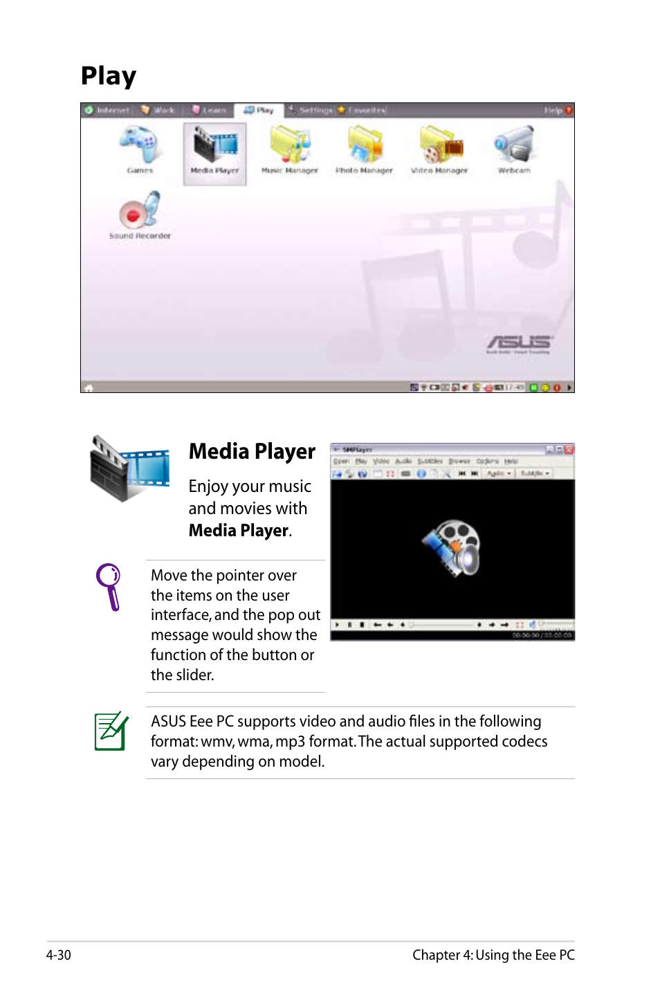 Play, Media player | Asus Eee PC 900HD/Linux User Manual | Page 66 / 132