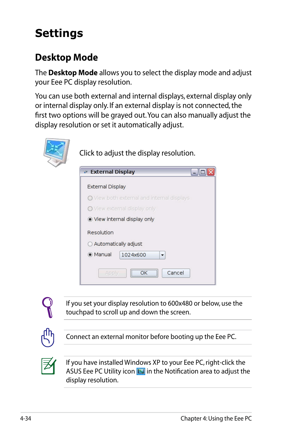 Settings, Desktop mode | Asus Eee PC 900HD/Linux User Manual | Page 70 / 132