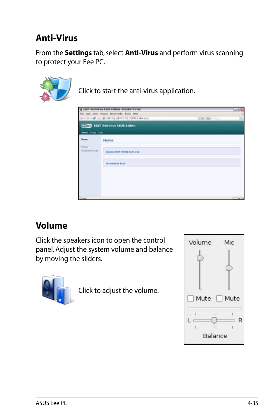 Anti-virus, Volume | Asus Eee PC 900HD/Linux User Manual | Page 71 / 132