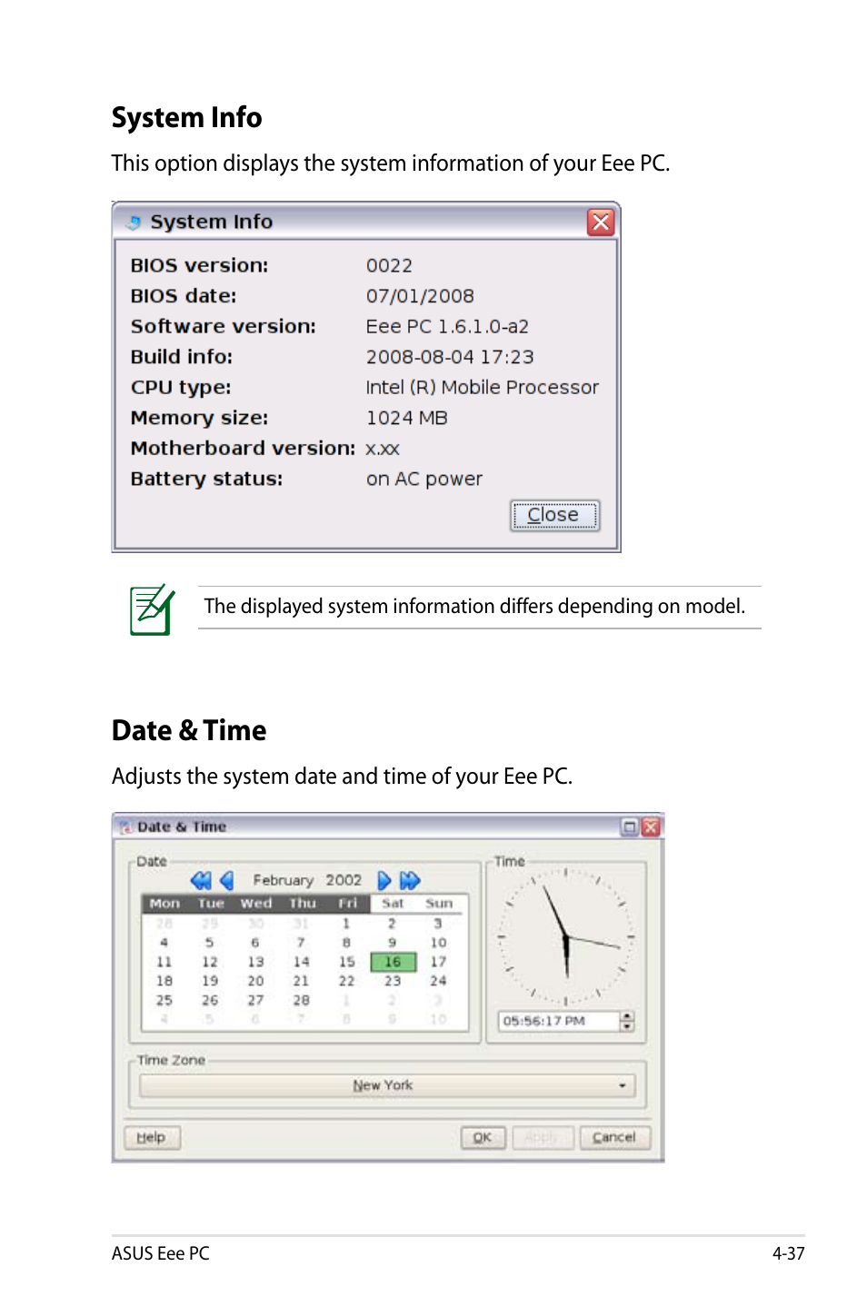 System info, Date & time | Asus Eee PC 900HD/Linux User Manual | Page 73 / 132