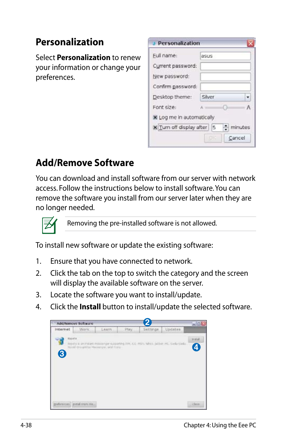 Personalization, Add/remove software | Asus Eee PC 900HD/Linux User Manual | Page 74 / 132