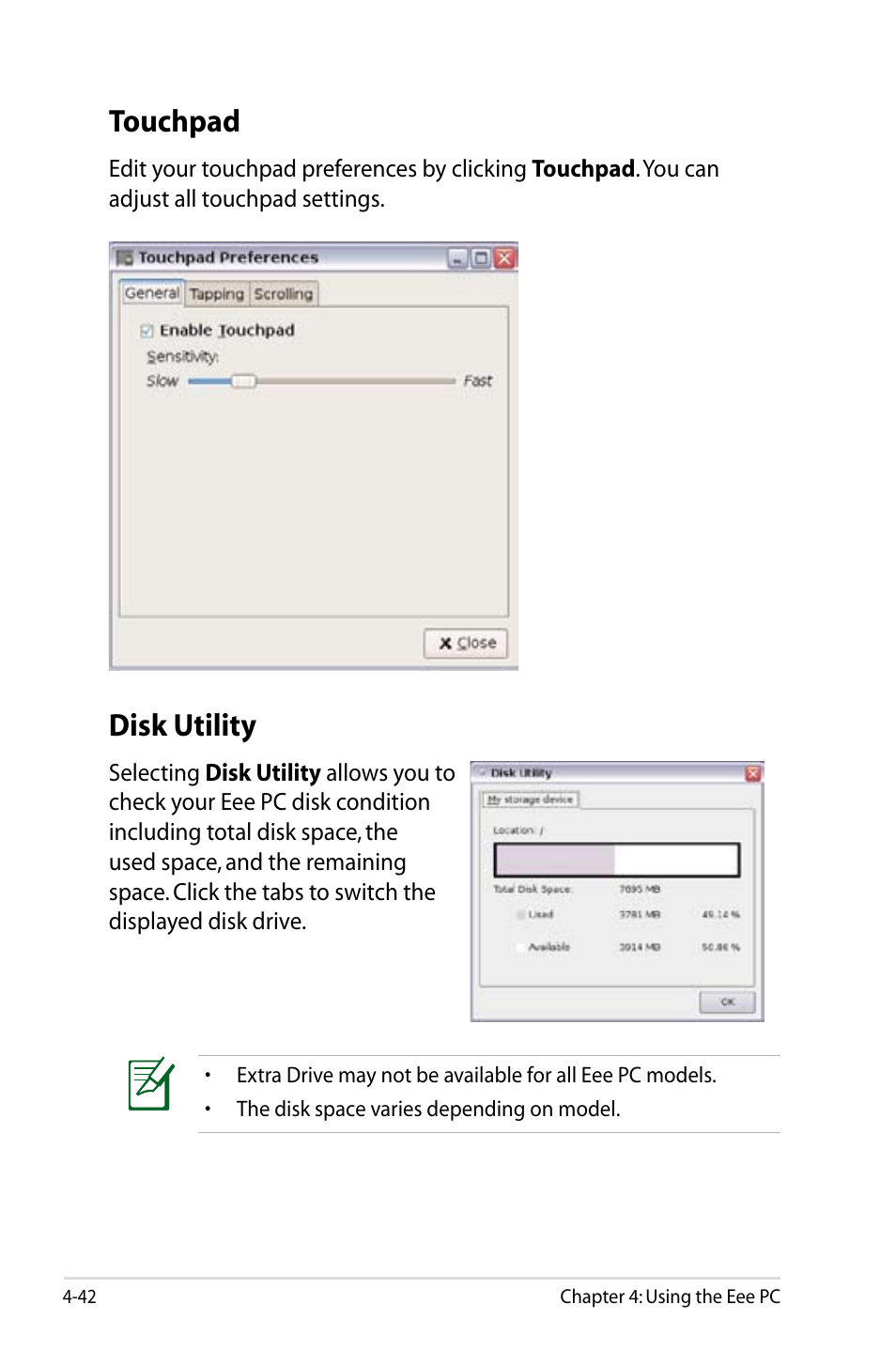 Touchpad, Disk utility | Asus Eee PC 900HD/Linux User Manual | Page 78 / 132