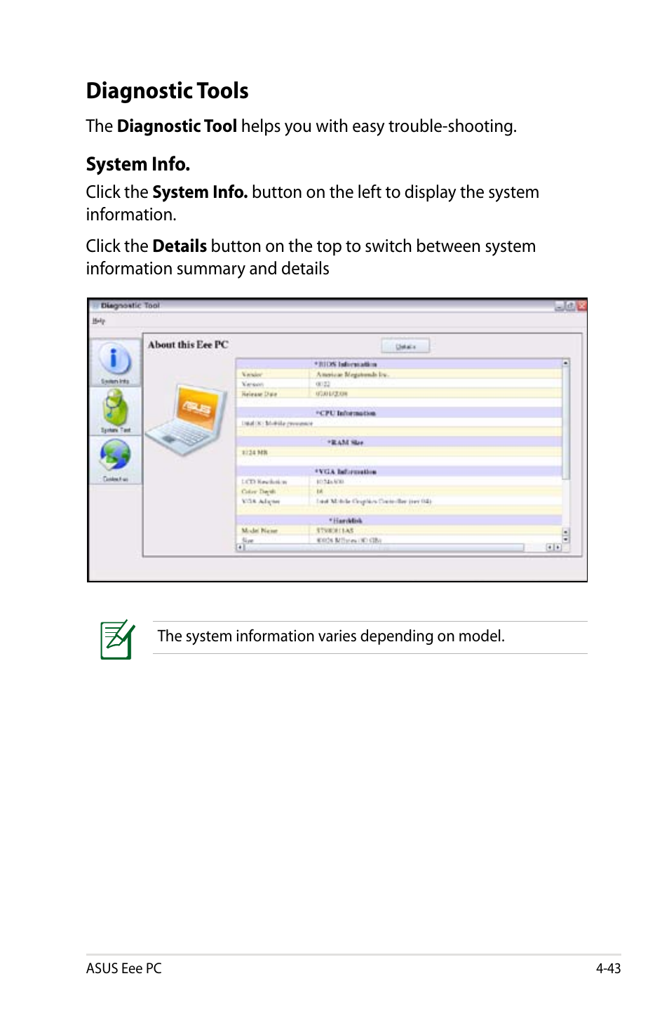 Diagnostic tools | Asus Eee PC 900HD/Linux User Manual | Page 79 / 132