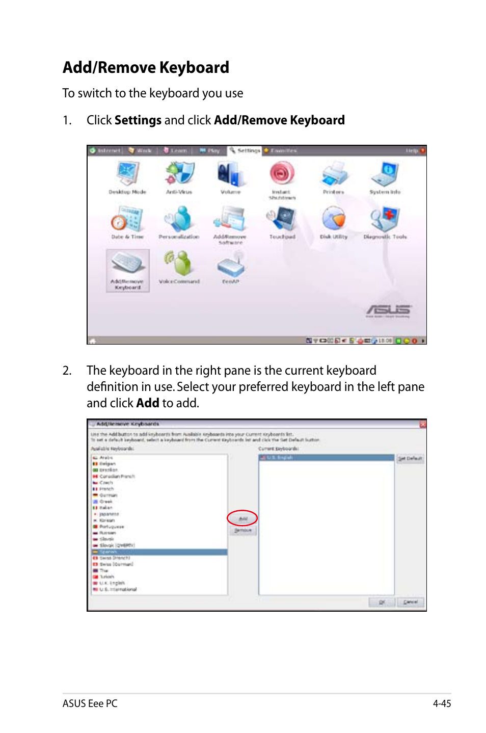 Add/remove keyboard | Asus Eee PC 900HD/Linux User Manual | Page 81 / 132