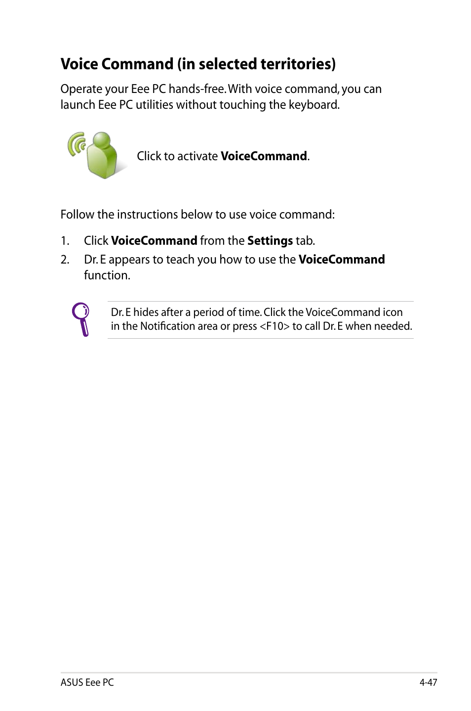 Voice command (in selected territories) | Asus Eee PC 900HD/Linux User Manual | Page 83 / 132