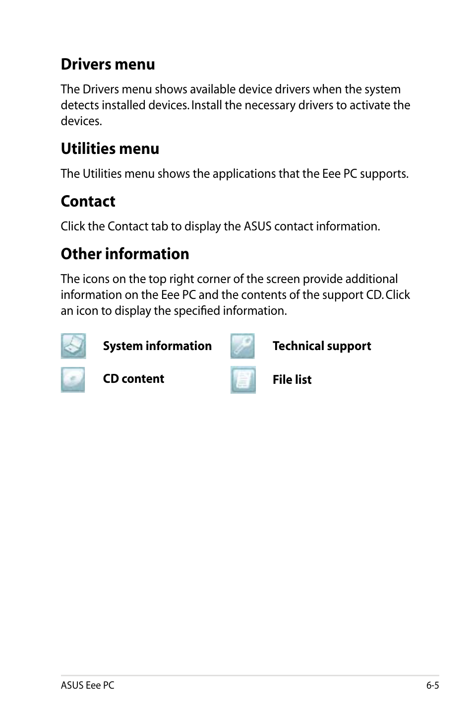 Drivers menu, Utilities menu, Contact | Other information | Asus Eee PC 900HD/Linux User Manual | Page 99 / 132