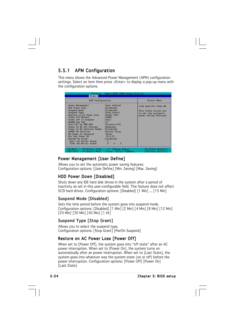 Power management [user define, Hdd power down [disabled, Suspend mode [disabled | Suspend type [stop grant, Restore on ac power loss [power off | Asus AP1600R-E2(AI2) User Manual | Page 102 / 150