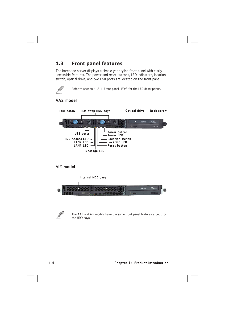 3 front panel features, Aa2 model | Asus AP1600R-E2(AI2) User Manual | Page 14 / 150